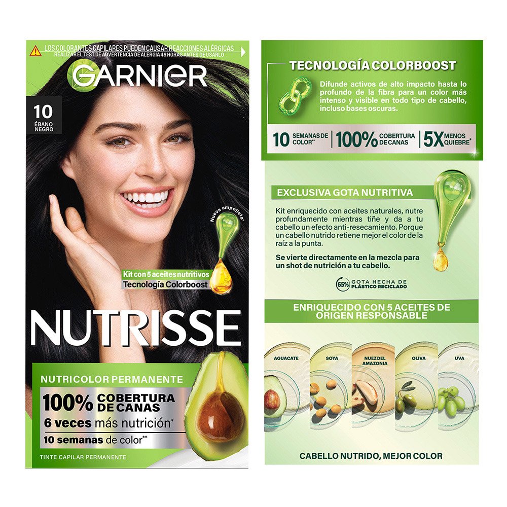 GARNIER NUTRISSE, NUTRISSE, NUTRISSE REGULAR, COLORACIÓN DE CABELLO, TINTE DE CABELLO, COLOR INTENSO, COLORACIÓN, FÓRMULA VEGANA, CRUELTY FREE, TONO 10, ÉBANO NEGRO